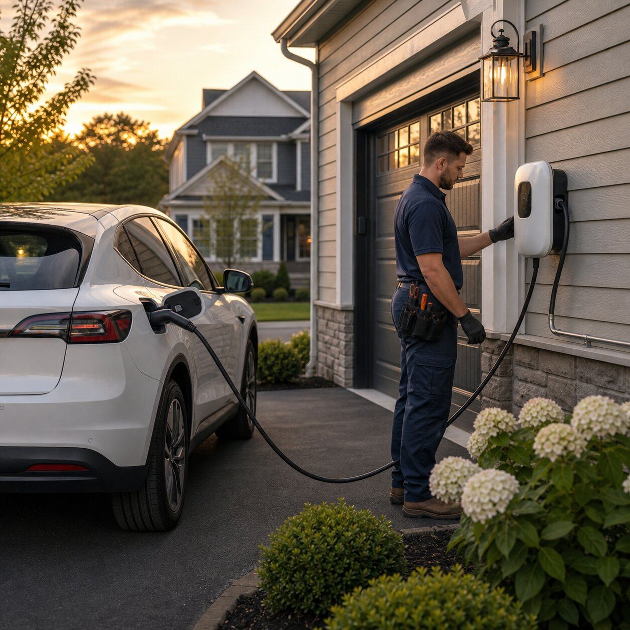 Licensed electrician installing a Level 2 EV charger at a New Jersey home